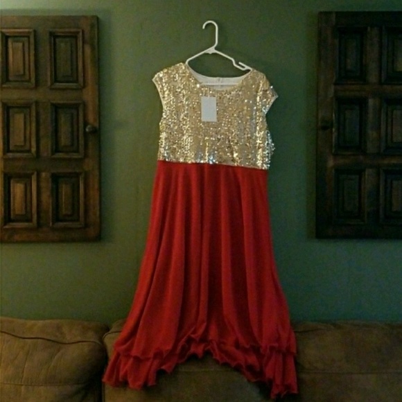 red and gold sequin dress